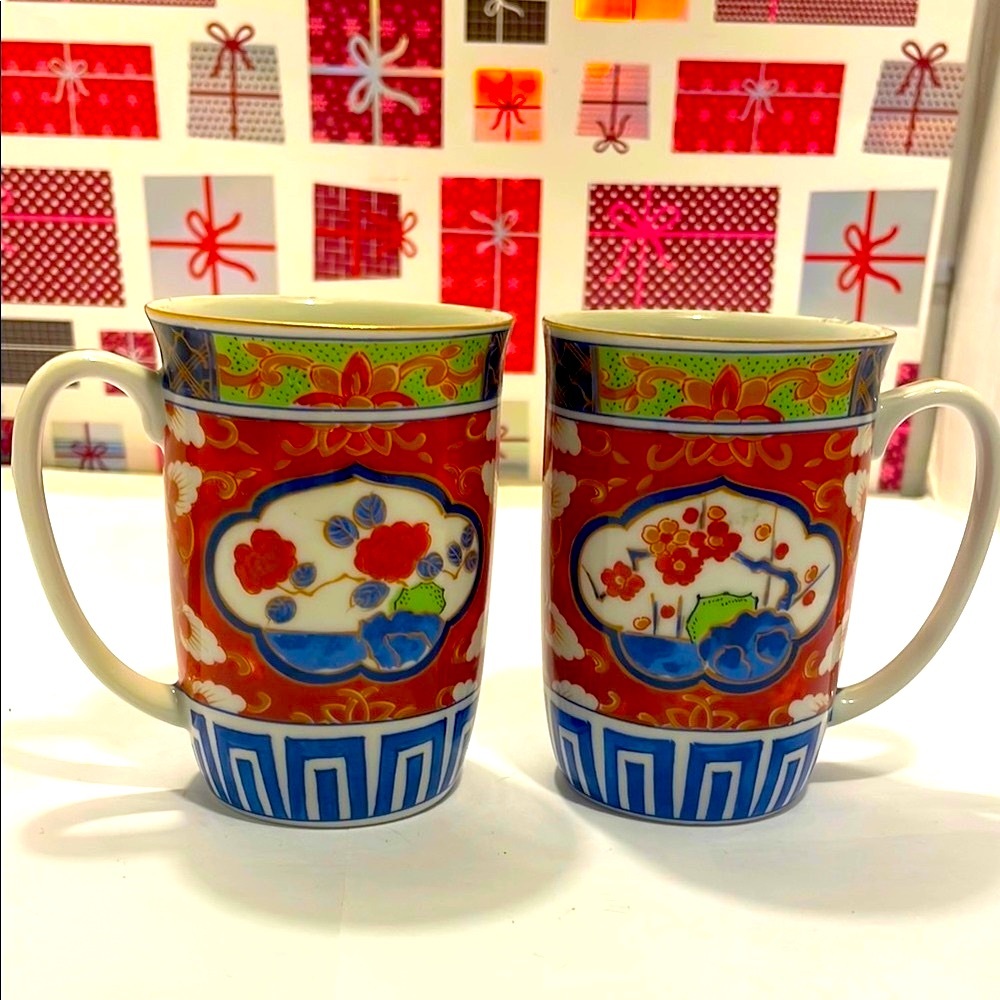 Vintage-Japanese Imari by Takayashi Porcelain RoyalFloral Mug Set - Red and Blue